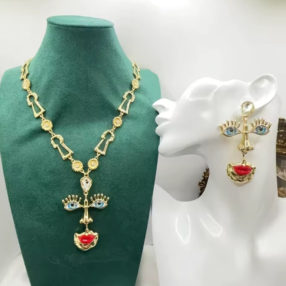 Surreal Blue Eye & Red Lips Necklace and Earrings Set